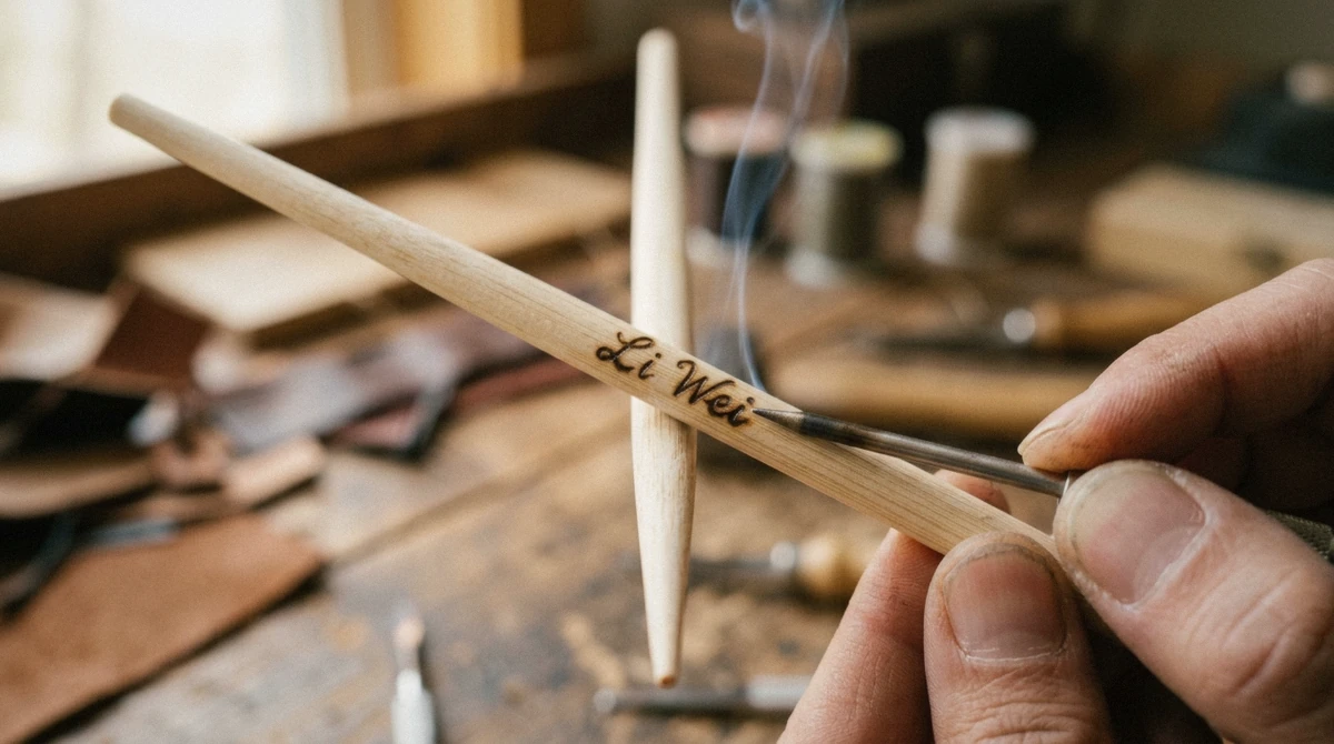 A wooden chopstick being engraved with a name during a personalised chopstick making workshop in Tokyo