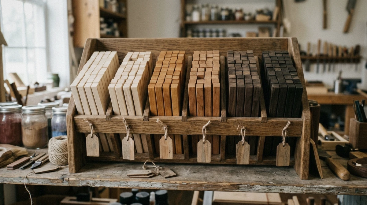 A rack of different coloured wood blanks used for chopstick making workshops in Tokyo, from pale magnolia to dark walnut